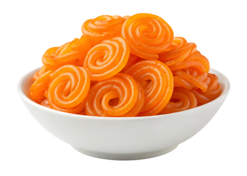 Sweet orange spiral fried pastries in a white bowl, indian dessert, sugary treats, snack time