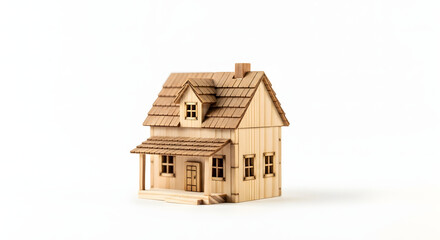 White background isolation of a small wooden house model with a roof and window, a 3D building ideal for real estate or housing business illustrations