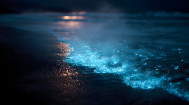 Bioluminescent waves create a magical blue glow on a dark beach at night