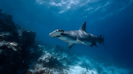 Fototapeta premium Majestic hammerhead shark glides through clear blue ocean waters near a rocky coral reef