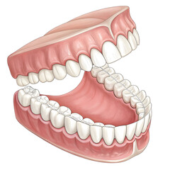 Fototapeta premium Detailed illustration of human teeth with full upper and lower jaw, isolated on white background, for medical