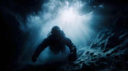 A scuba diver explores a dark underwater cave illuminated by torchlight and sunbeams