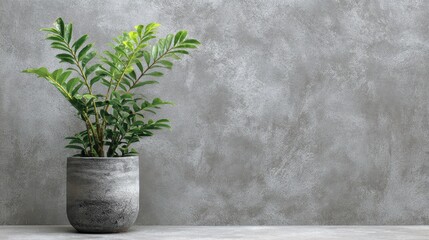 Zamioculcas plant in a gray pot against a textured gray background