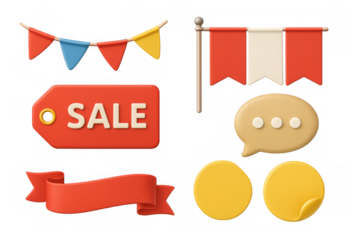 3d design elements including sale tag, pennant string, peru flag, chat bubble, vibrant ribbon, and blank stickers