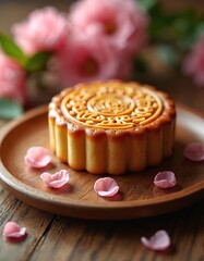 Golden mooncake rests on wood plate. Pink petals scattered nearby. Soft pink flowers bloom in background. Delicious traditional Chinese pastry sweet treat.