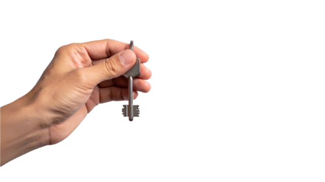 A person holding a key, symbolizing access or ownership. The hand is holding a silver key, the image emphasizes concepts of property, unlocking, security, and opportunity