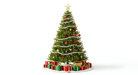 Fototapeta premium A vibrant green fir tree on a white background makes a perfect holiday decoration with star and ornament balls, ready for a **Merry