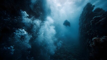 A lone diver descends into the blue depths surrounded by rising air bubbles near a rocky underwater formation