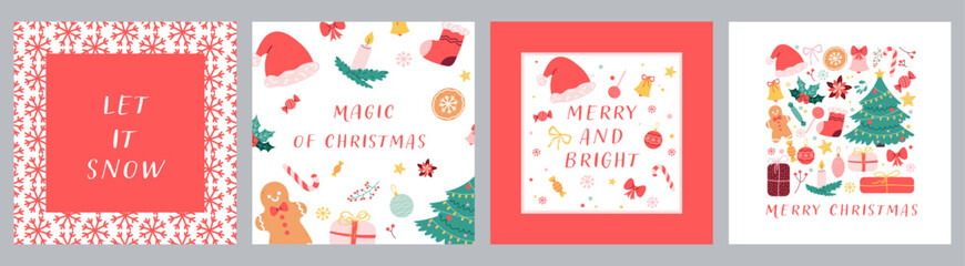 Printable Christmas Cards Set. Cozy Holiday Greeting Card Designs. Hand drawn Vector Illustrations