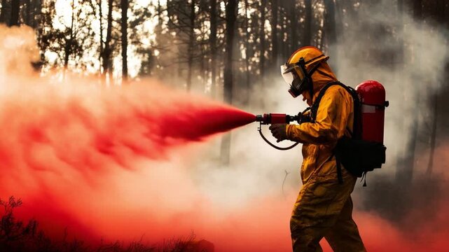 Heroic Endeavor: A firefighter, cloaked in protective gear, fearlessly battles a raging forest fire, his actions a testament to courage.