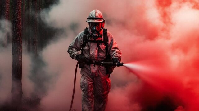 Firefighter Bravely Battles the Blaze: A courageous firefighter, clad in protective gear, fearlessly confronts a raging inferno, employing a powerful hose to extinguish the flames amidst dense smoke.