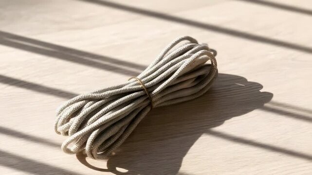 A coil of white rope tied with a band on a wooden floor, with sunlight creating shadows.