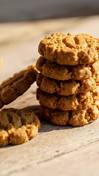Dynamic Close-Up: Golden Peanut Butter Cookies Stacked on Rustic Wood, Delicious Dessert Presentation
