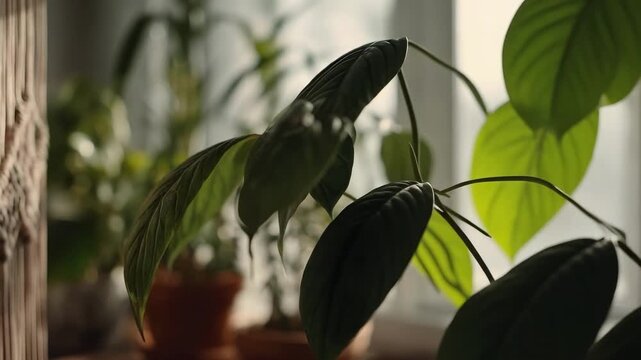 A macrame wall hanging on the left beside a leafy potted plant in a sunlit indoor space.