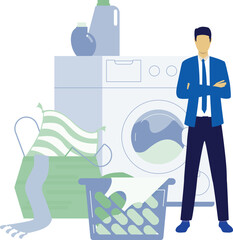 Man loading wash machine to clean clothes.