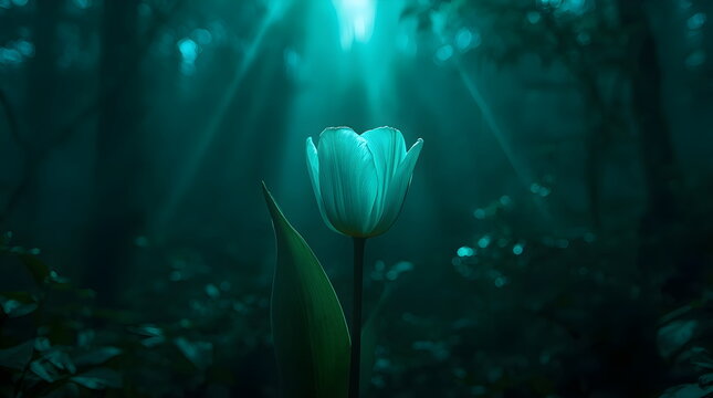 A single bioluminescent tulip glowing in a dark, misty forest