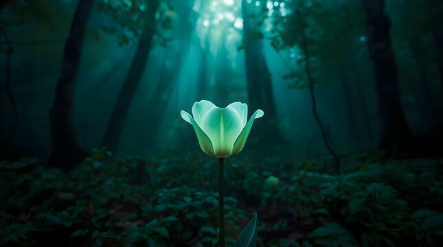 A single bioluminescent tulip glowing in a dark, misty forest - Powered by Adobe