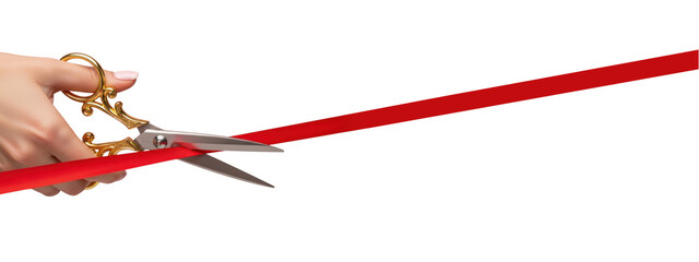 Luxurious baroque ornate golden scissors cutting red ribbon for grand opening, inauguration event launch. Decorative scrollwork handles held in hand. Isolated cutout transparent background