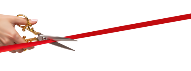 Luxurious baroque ornate golden scissors cutting red ribbon for grand opening, inauguration event launch. Decorative scrollwork handles held in hand. Isolated cutout transparent background