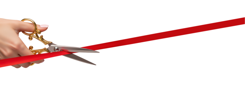 Luxurious baroque ornate golden scissors cutting red ribbon for grand opening, inauguration event launch. Decorative scrollwork handles held in hand. Isolated cutout transparent background