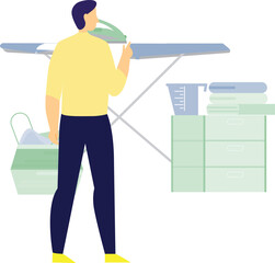 The boy is ironing clothes