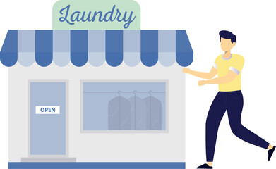 The boy is running towards laundry