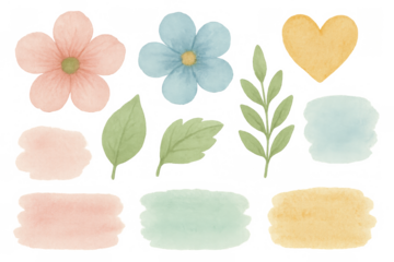 Watercolor spring flowers, leaves, heart and splashes in pastel colors for decorative design elements
