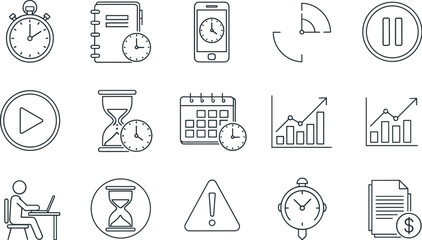 Time Management and Productivity Icons for Business Presentations, Project Planning and Deadline Tracking: Linear Illustrations for Efficiency, Schedules, Productivity, Growth, and Task Coordination