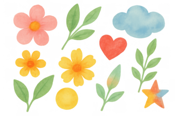 Watercolor spring elements collection featuring flowers, leaves, heart, cloud, star shapes for children art and decorative design