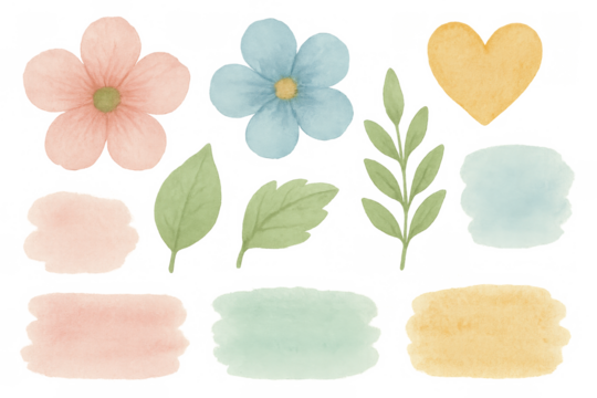 Watercolor spring flowers, leaves, heart and splashes in pastel colors for decorative design elements