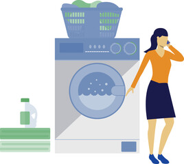 The girl standing next to the machine busy in phone call.