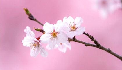Closeup of delicate cherry blossoms on a branch against a soft pink background, capturing the beauty of spring in full bloom