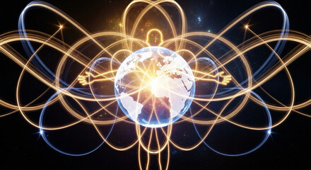 abstract glowing lines forming human silhouette around the globe — harmony and humanity
