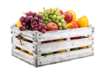 Abundance of Fresh Fruit in Rustic White Crate isolated on a transparent background