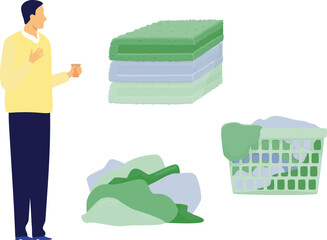 The man is looking at dirty cloth