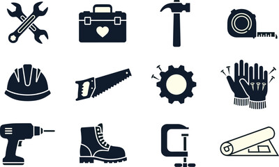 Obraz premium Construction Tools and Equipment Vector Icons Set for Industrial Maintenance, Engineering, and Home Repair Projects - Building, Renovation, Carpentry, and Handyman Services Design Elements Toolkit