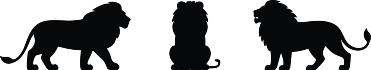Lion silhouette, majestic pose, big cat, wildlife icon, black graphic, vector illustration, king of the jungle, feline design, animal symbol, powerLion silhouette, majestic pose, big cat
