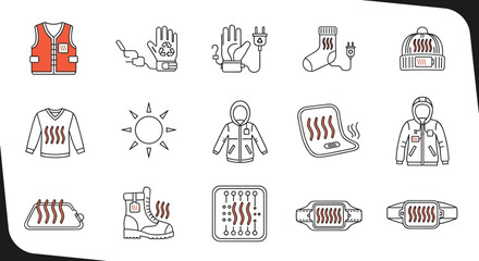 Heated Clothing Line Icons Illustrating Wearable Thermal Technology for Winter Sports and Outdoor Activities in Cold Weather Conditions, Representing Innovative Garments, Comfortable Apparel, and
