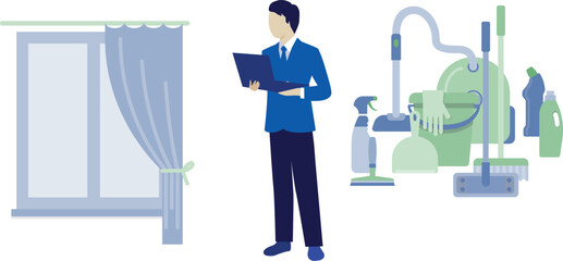 The man is pointing house cleaner