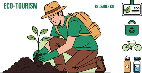 Eco-Tourism Advocate Planting Seedling in Soil for Environmental Sustainability and Conservation, with Reusable Kit Items, Promoting Responsible Travel and Green Initiatives for Eco-Friendly Tourism