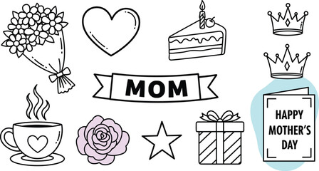 Festive Mother's Day Celebration with Hand-Drawn Elements: Bouquet, Heart, Cake, Crowns, and Coffee, Perfect for Greetings, Invitations, and Social Media Designs Expressing Love, Affection