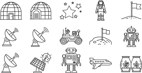 Space Exploration Outline Icons Set Depicting Spacecrafts, Telescopes, Astronaut, Flag on Planet, Robot, Airplane, Solar Panel, and Plants, Symbolic of Scientific Research, Future Technology