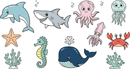 Delightful Cartoon Ocean Animals Illustration Featuring Cute Dolphin, Shark, Octopus, Jellyfish, Starfish, Seahorse, Whale, and Crab for Children's Education and Marine Life Learning Resources 
