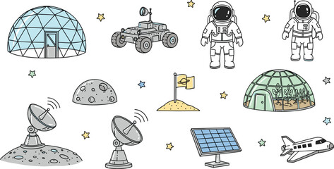 Space Exploration Outpost Cartoon Illustration with Astronauts, Habitat Domes, Rover, and Solar Panel on Lunar Surface for Scientific Research, Education, Aerospace Technology, and Colonization