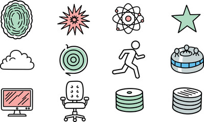 Modern Business and Technology Icon Set Presenting Innovation and Progress in Digital Workplace Environments Featuring Cloud Computing, Data Storage, Cyber Security and Star Rating Concept Symbols