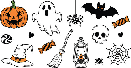 Halloween Spooky Holiday Vector Graphics for Invitations, Decorations, and Seasonal Designs Featuring Pumpkins, Ghosts, Bats, Candy, Lanterns, and Spiderwebs to Celebrate Trick or Treating 