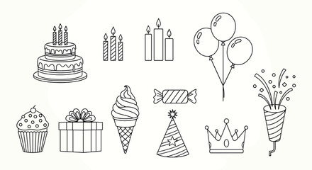 Festive Birthday Party Celebration Elements in Black and White Line Art Style: Cake, Balloons, Gifts, Decorations for Invitations, Greeting Cards, Scrapbooking Designs, Events, and Creative Holiday
