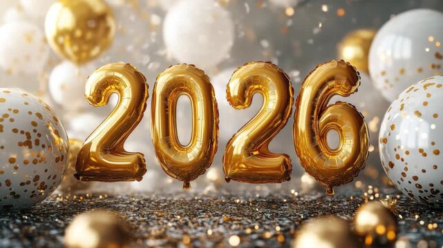 Countdown to 2026: A vibrant and celebratory image, the year 2026 is boldly displayed with golden foil balloons, surrounded by festive ornaments and a soft, blurred background.