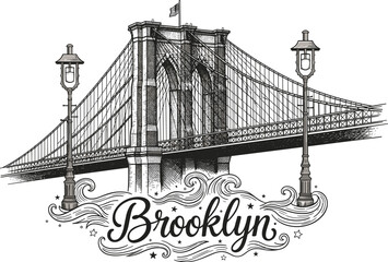 Detailed Brooklyn Bridge Drawing with Ornate Lettering, a Historic Landmark in New York City, USA, Featuring Suspension Cables and Architectural Details for Travel and Tourism Brochures, Urban