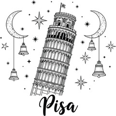 Leaning Tower of Pisa Illustration Amidst Crescent Moons and Sparkling Stars - Italian Landmark with Decorative Bells, Evoking Wanderlust, Travel Destination, Historic Architecture, Fantasy Concept